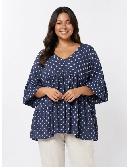TOP ÉVASÉ BLEU ET POIS BLANC - FEMME