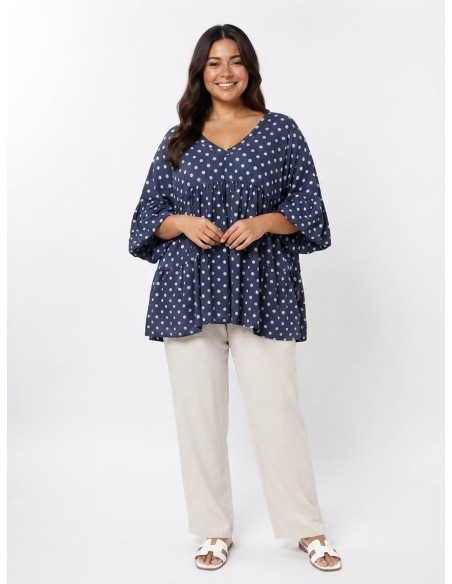 TOP ÉVASÉ BLEU ET POIS BLANC - FEMME