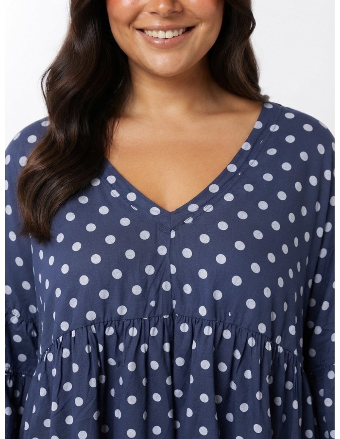 TOP ÉVASÉ BLEU ET POIS BLANC - FEMME