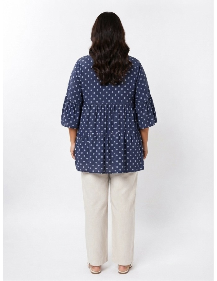 TOP ÉVASÉ BLEU ET POIS BLANC - FEMME