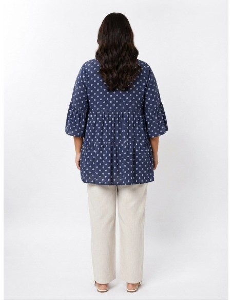 TOP ÉVASÉ BLEU ET POIS BLANC - FEMME