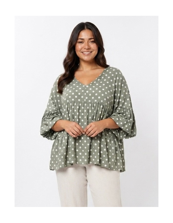 TOP ÉVASÉ VERT ET POIS BLANC - FEMME