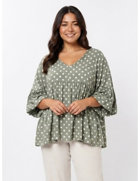 TOP ÉVASÉ VERT ET POIS BLANC - FEMME