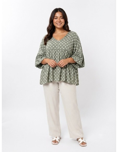 TOP ÉVASÉ VERT ET POIS BLANC - FEMME
