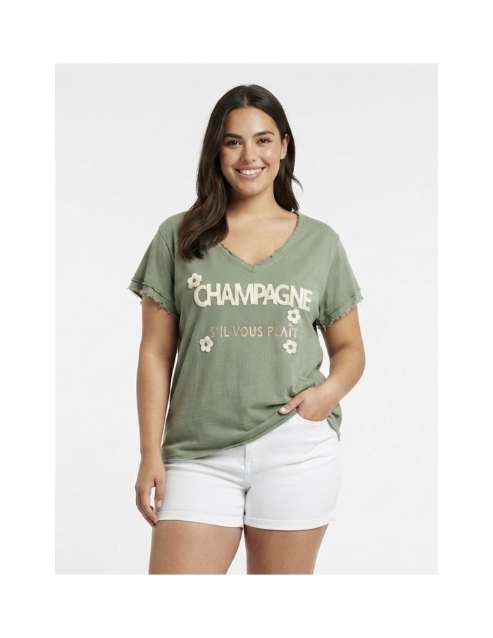 T-SHIRT VERT À INSCRIPTION CHAMPAGNE - FEMME