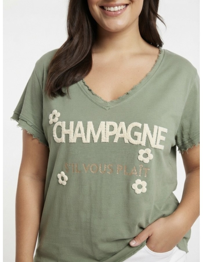 T-SHIRT VERT À INSCRIPTION CHAMPAGNE - FEMME