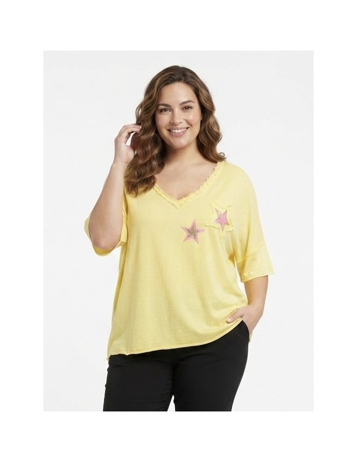 T-SHIRT JAUNE ÉTOILES ROSES - FEMME