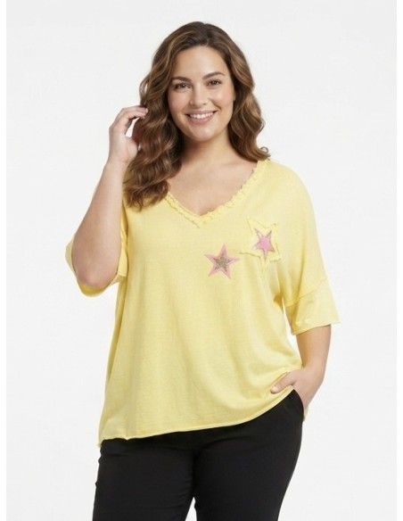 T-SHIRT JAUNE ÉTOILES ROSES - FEMME