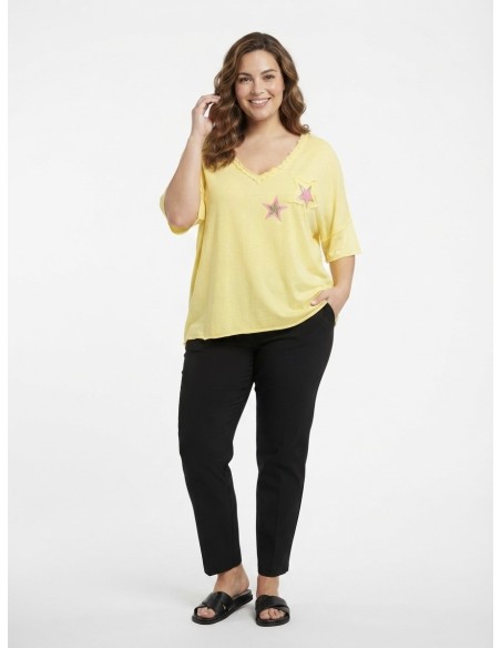 T-SHIRT JAUNE ÉTOILES ROSES - FEMME