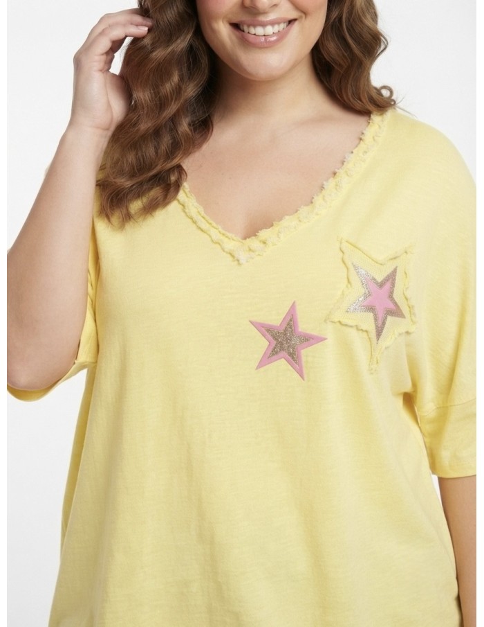 T-SHIRT JAUNE ÉTOILES ROSES - FEMME