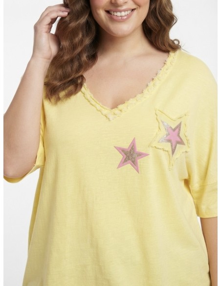 T-SHIRT JAUNE ÉTOILES ROSES - FEMME