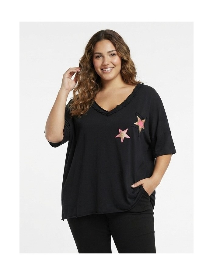 T-SHIRT NOIR ÉTOILES ROSES - FEMME