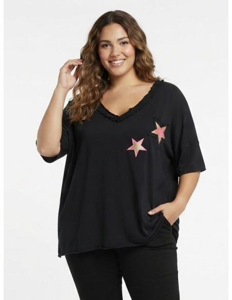 T-SHIRT NOIR ÉTOILES ROSES - FEMME