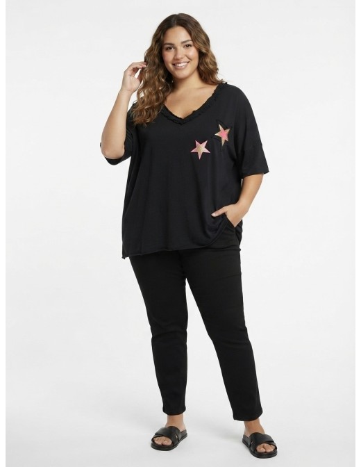 T-SHIRT NOIR ÉTOILES ROSES - FEMME 2
