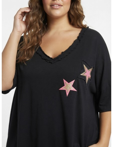 T-SHIRT NOIR ÉTOILES ROSES - FEMME