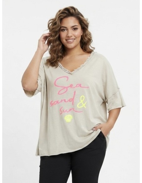 T-SHIRT TAUPE À INSCRIPTION "SEA, SAND & SUN" - FEMME
