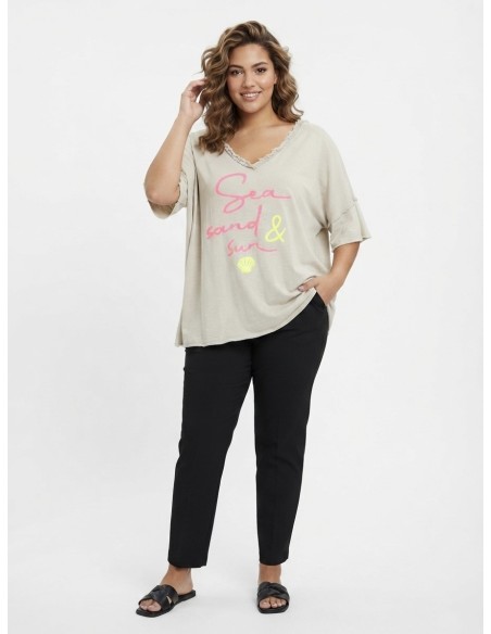 T-SHIRT TAUPE À INSCRIPTION "SEA, SAND & SUN" - FEMME