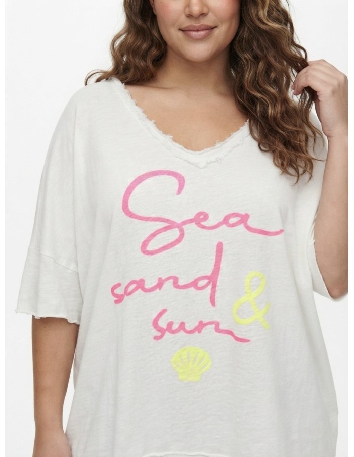 T-SHIRT BLANC À INSCRIPTION "SEA, SAND & SUN" - FEMME