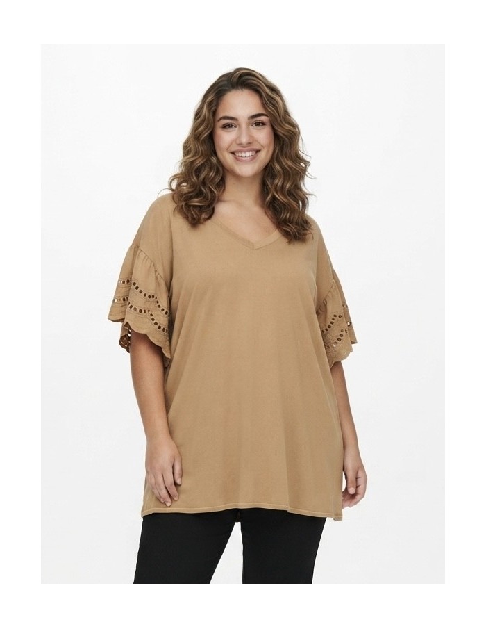 T-SHIRT À MANCHES DENTELLE CAMEL - FEMME