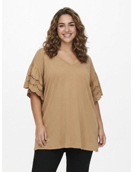 T-SHIRT À MANCHES DENTELLE CAMEL - FEMME