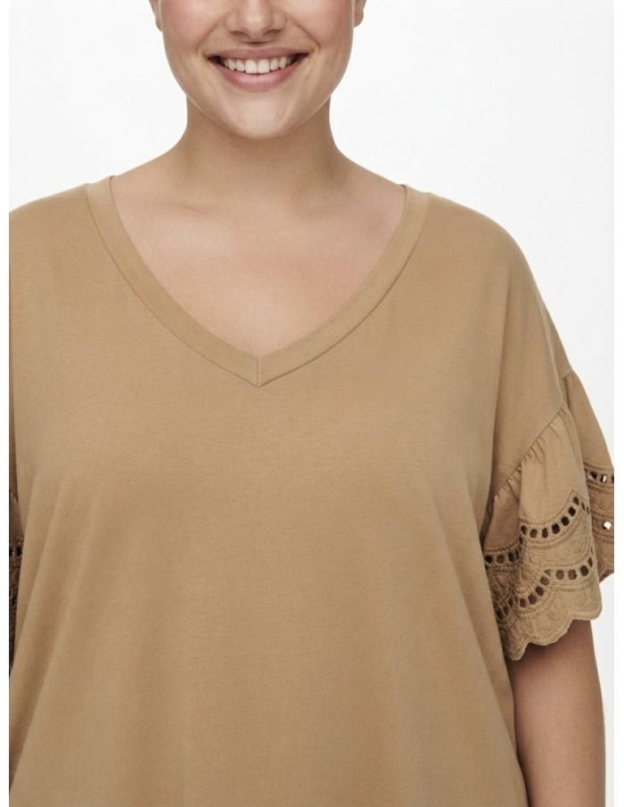 T-SHIRT À MANCHES DENTELLE CAMEL - FEMME