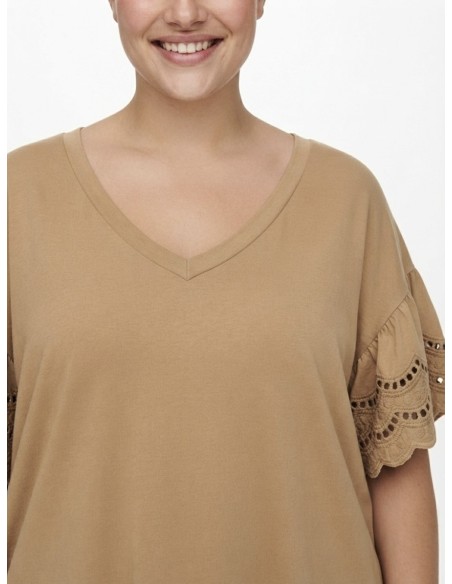 T-SHIRT À MANCHES DENTELLE CAMEL - FEMME