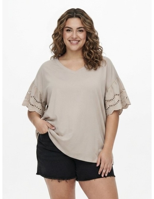 T-SHIRT À MANCHES DENTELLE BEIGE - FEMME