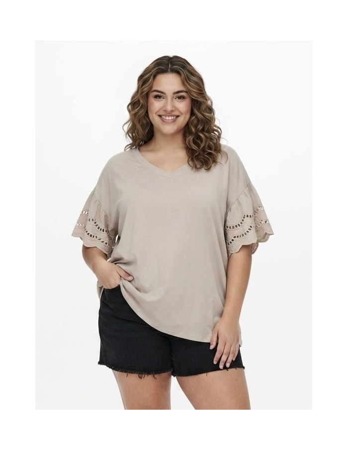 T-SHIRT À MANCHES DENTELLE BEIGE - FEMME