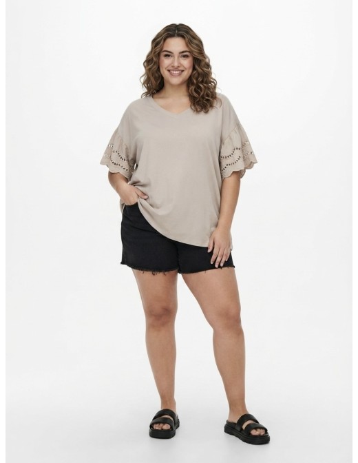 T-SHIRT À MANCHES DENTELLE BEIGE - FEMME 2