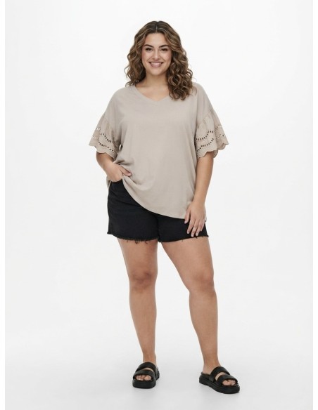 T-SHIRT À MANCHES DENTELLE BEIGE - FEMME