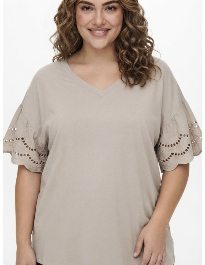 T-SHIRT À MANCHES DENTELLE BEIGE - FEMME