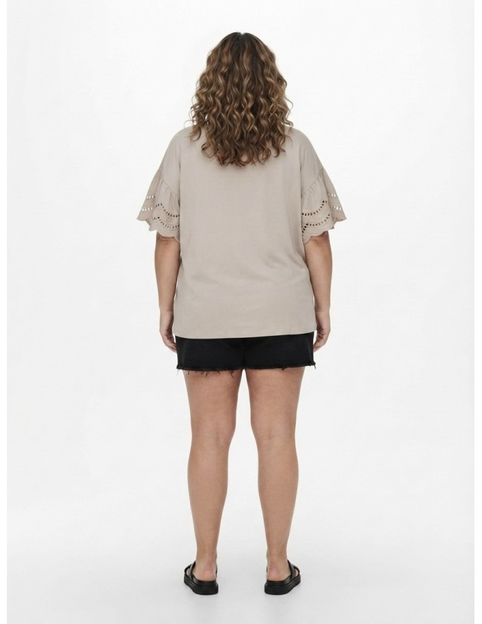 T-SHIRT À MANCHES DENTELLE BEIGE - FEMME
