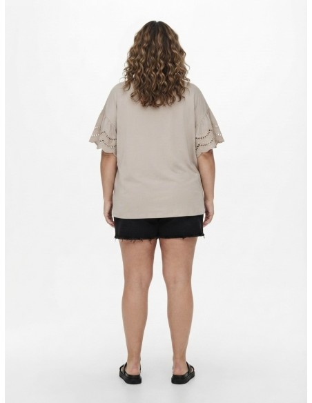 T-SHIRT À MANCHES DENTELLE BEIGE - FEMME