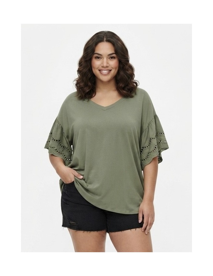 T-SHIRT À MANCHES DENTELLE KAKI - FEMME