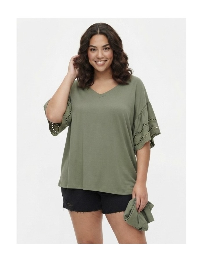 T-SHIRT À MANCHES DENTELLE KAKI - FEMME