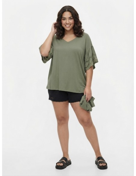 T-SHIRT À MANCHES DENTELLE KAKI - FEMME