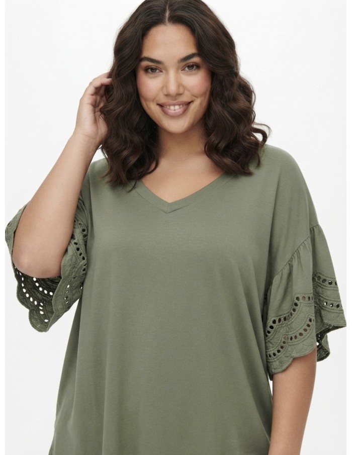 T-SHIRT À MANCHES DENTELLE KAKI - FEMME