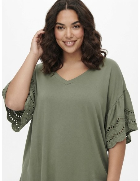 T-SHIRT À MANCHES DENTELLE KAKI - FEMME