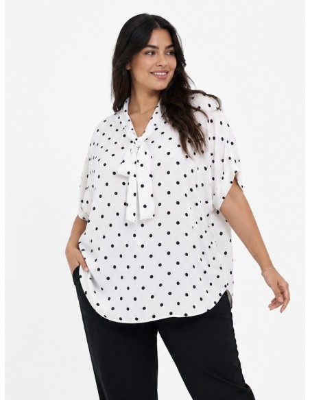 TOP FLUIDE BLANC À POIS ET COL NŒUD - FEMME