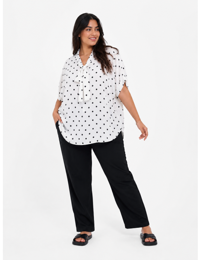 TOP FLUIDE BLANC À POIS ET COL NŒUD - FEMME