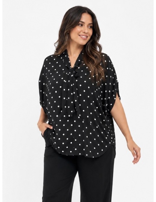 TOP FLUIDE NOIR À POIS ET COL NŒUD - FEMME