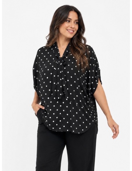TOP FLUIDE NOIR À POIS ET COL NŒUD - FEMME