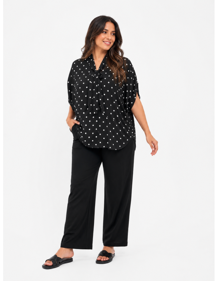 TOP FLUIDE NOIR À POIS ET COL NŒUD - FEMME