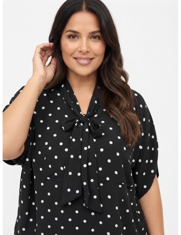 TOP FLUIDE NOIR À POIS ET COL NŒUD - FEMME