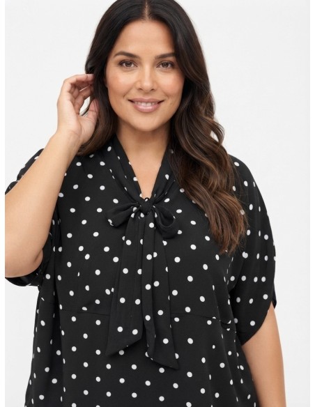 TOP FLUIDE NOIR À POIS ET COL NŒUD - FEMME
