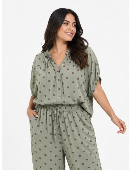 TOP BOHÈME VERT SAUGE ET POIS MARRON - FEMME