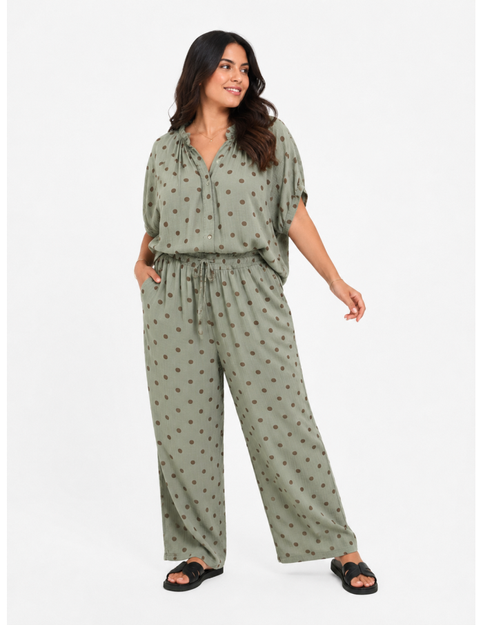 TOP BOHÈME VERT SAUGE ET POIS MARRON - FEMME