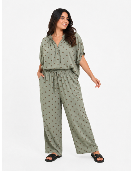 TOP BOHÈME VERT SAUGE ET POIS MARRON - FEMME