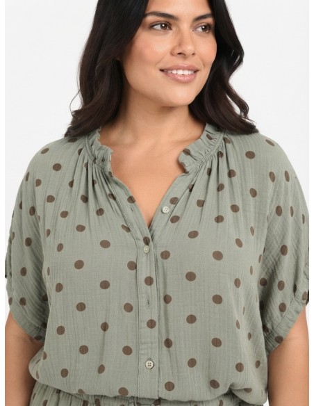 TOP BOHÈME VERT SAUGE ET POIS MARRON - FEMME