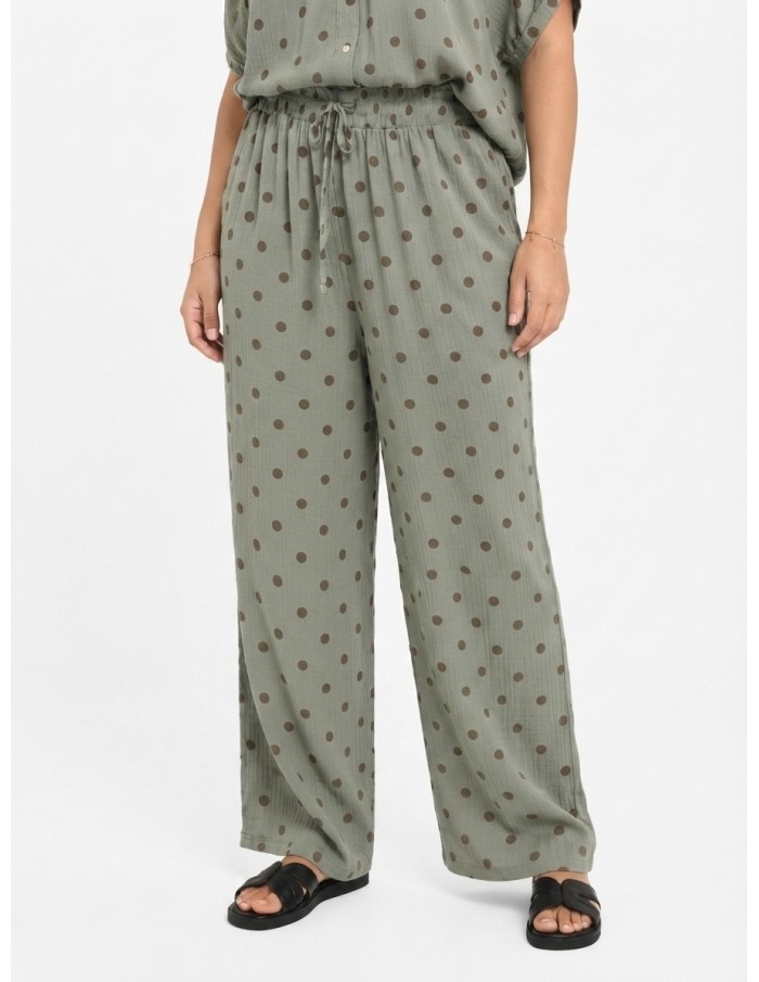 PANTALON FLUIDE VERT SAUGE À POIS MARRON - FEMME